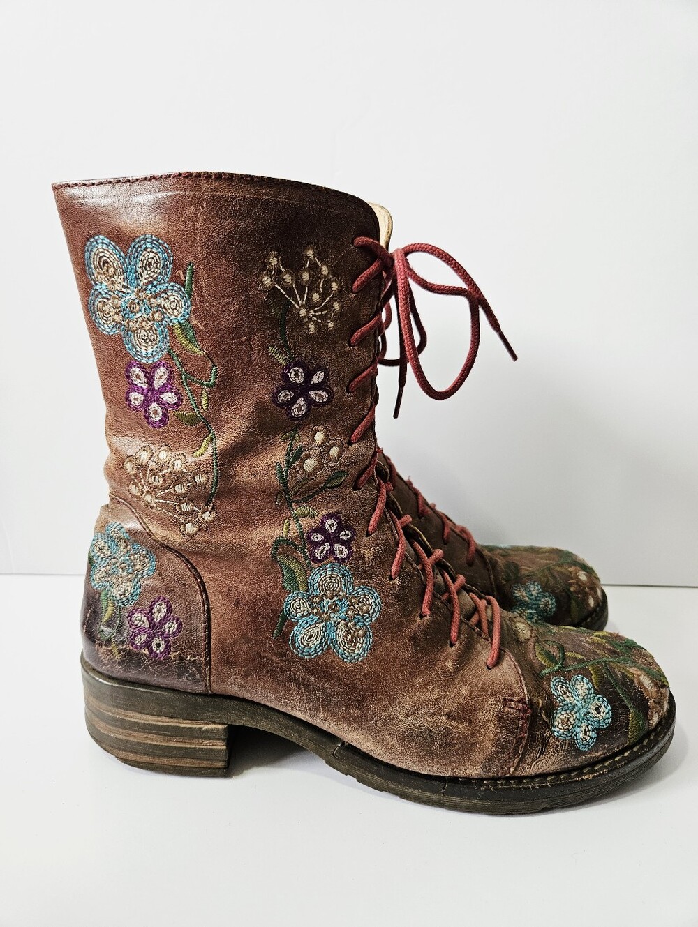 Brako Floral Embroidered Boots Size 42 US 11.5 Lace Up Mid Calf **flaws